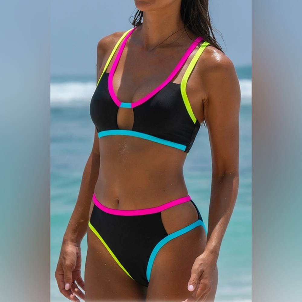 Neon Trim Black Bikini Set NWT Sz Small